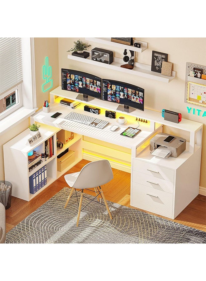 All-in-One Gaming Desk with LED Lights & Charging Station, Large Computer Desk with Storage Rack & Drawers, Spacious Desktop, Office Desk use for Home Office